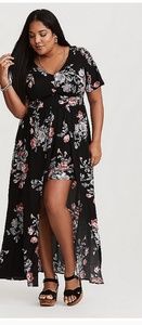 Black floral challis over skirt romper